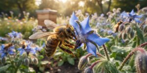 Biene fliegt an eine Blume an